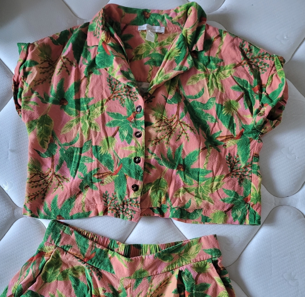 Monteau Green and Pink Tropical Skirt Set